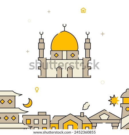 Mosque with minarets filled line vector icon, simple illustration, related bottom border.