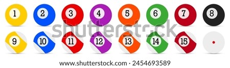 Billiard balls. A set of pool balls with the numbers 1 through 15. Flat vector illustration isolated on white background.