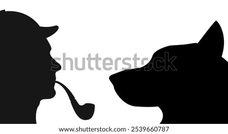 Sherlock Holmes and the Hound of the Baskervilles. Flat vector black silhouette illustration isolated on white background.