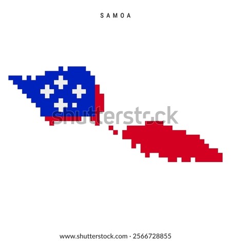 Samoa pixel flag map icon. 8 bit pixel art Samoan map covered with flag. Flat vector illustration isolated on white background.