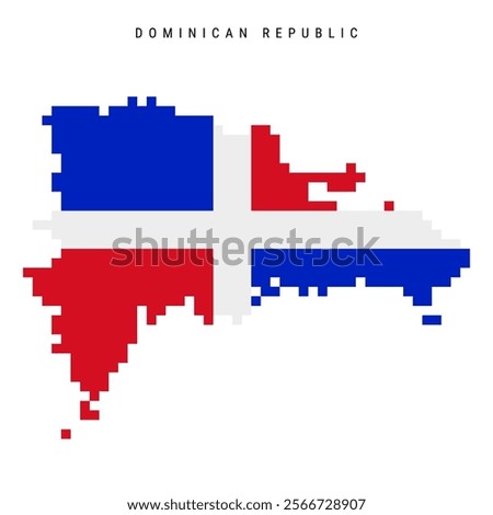 Dominican Republic pixel flag map icon. 8 bit pixel art Republica Dominicana map covered with flag. Flat vector illustration isolated on white background.