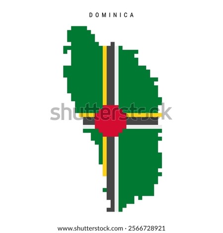 Dominica pixel flag map icon. 8 bit pixel art Dominican map covered with flag. Flat vector illustration isolated on white background.