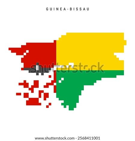 Guinea-Bissau pixel flag map icon. 8 bit pixel art Republic of Guinea-Bissau map covered with flag. Flat vector illustration isolated on white background.