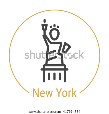 New York (United States) outline icon with caption. New York City logo, landmark, vector symbol. New York Liberty Island, State of Liberty. Illustration of New York isolated on white background.