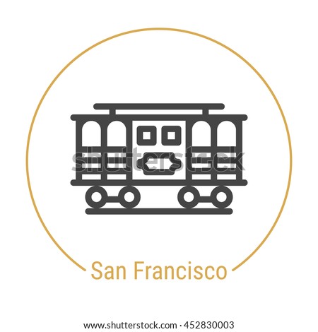 San Francisco (United States) outline icon with caption. San Francisco City logo, landmark, vector symbol. San Francisco Cable Car. Illustration of San Francisco isolated on white background.