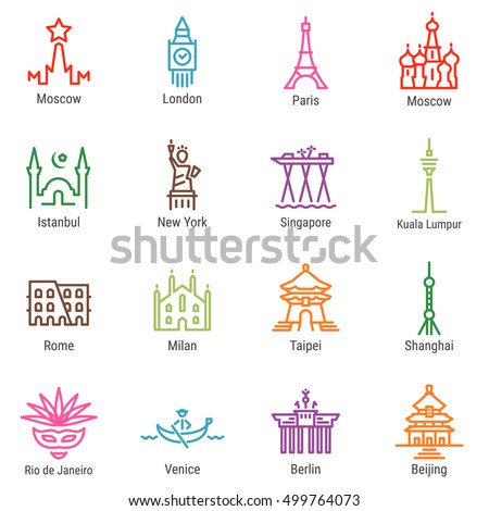Moscow, London, Paris, Istanbul, New York, Singapore, Kuala Lumpur, Rome, Milan, Taipei, Shanghai, Rio, Venice, Berlin, Beijing outline icons with captions. Cities logos, landmarks, vector symbols.