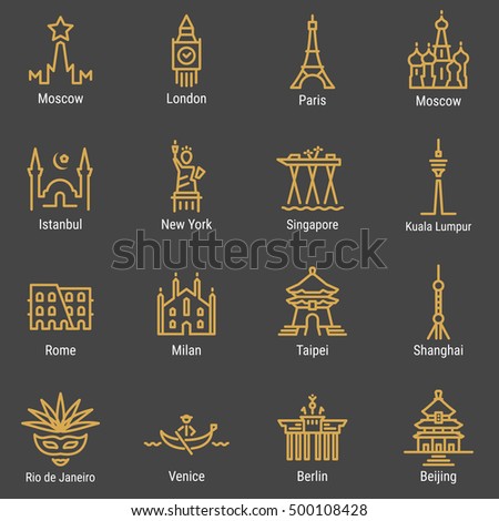 Moscow, London, Paris, Istanbul, New York, Singapore, Kuala Lumpur, Rome, Milan, Taipei, Shanghai, Rio, Venice, Berlin, Beijing outline icons with captions. Cities logos, landmarks, vector symbols.