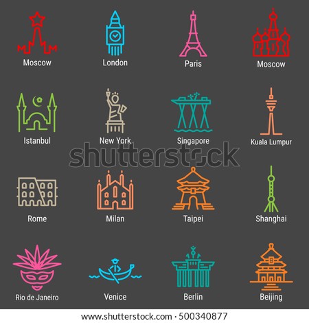 Moscow, London, Paris, Istanbul, New York, Singapore, Kuala Lumpur, Rome, Milan, Taipei, Shanghai, Rio, Venice, Berlin, Beijing outline icons with captions. Cities logos, landmarks, vector symbols.