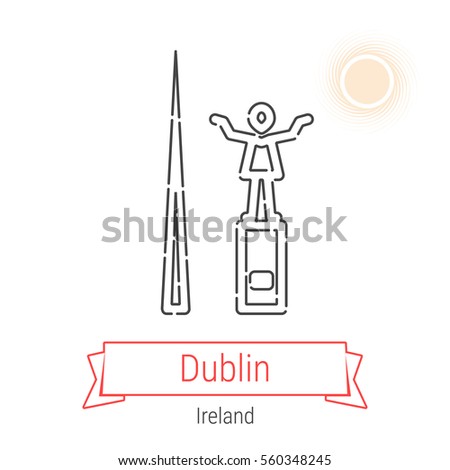 Dublin (Ireland) flat style thin line icon with an inscription on a ribbon banner with the sun in the background. City logo, landmark, vector symbol. Spire of Dublin & Statue of Jim Larkin pictogram.