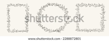 Botanical set frames with meadow herbs. Wreath with dry grass. Black and white. Vector illustration. Line art. Layout border for invitations card, postcards, logos, covers, labels.