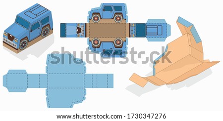 Gift Box Packaging Template Editable Blueprint Layout with Cutting and Scoring Lines. Vehicle  on the background.Joyful Happy Travel Trip. Ready to go for print