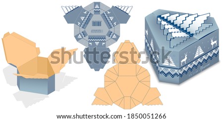 Retail gift box  with ornament reindeer, snowflakes, christmas tree. Blueprint template with mock up. Multiple purpose Cardboard Die Cut.