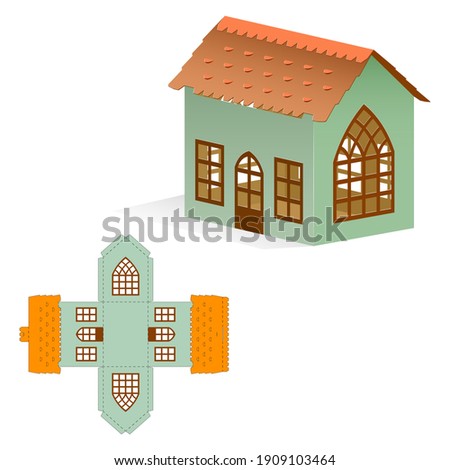 Model Gift Box of House for Sweets, Baked Goods, Surprises.
Paper House Laser Cutting Template. Die Cut Retail Packaging. Practical Vector Illustration on White Background.