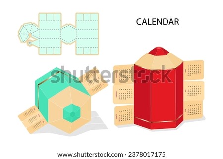 Pencil  Shaped Gift Box Design. Calendar  Twelve Months, Weekend Days Highlighted. Three-Dimensional Laser Cutting Template. Cardboard Die Cut Fully  Functional for Crafts, Holiday, Office.
