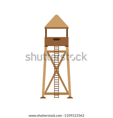 Security isolated sea water notice significant. Equipment observe tower lifeguard flat emblem icon. Post beach house observation pier vector. Baywatch stand box seaside. Building illustration design. 