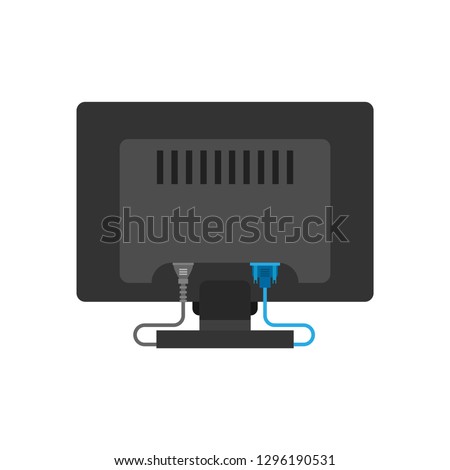 Monitor back view screen computer equipment vector icon. Electronic communication technology work office PC.