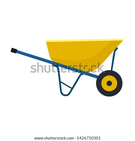 Wheelbarrow yellow garden vector tool equipment side view. Agriculture cart wheel cartoon farm. Flat lawn ground supplies 