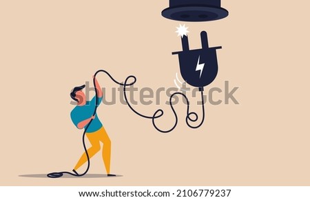 Electrical unplug and power cost connection. Plug with cord cable conservation energy vector illustration concept. Shutdown device pull technology to socket. Disconnect network and safety money global