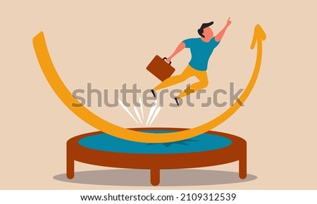 Rebound power enterprise and business economic spring graph jump up. Success trampoline arrow vector illustration concept. Man bounce and ascend fast chart. Businessman fly and growth positive earn Stock foto © 