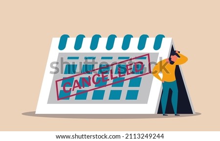 Postpone calendar event and meeting trip closed with canceled stamp. People schedule plan cancel vector illustration concept. Management business travel and deadline journey drawing. Reminder time 
