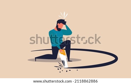 Business self sabotage and idiot mistake to lost job. Failure and stress people finance vector illustration concept. Stupid person and problem bankrupt. Man with frustration and cutting self hole ストックフォト © 