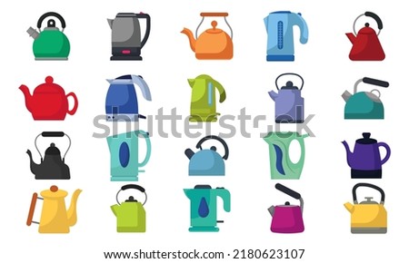 Water kettle cartoon electric and retro teapot. Hot galss or metal pot kitchenware vector illustration set. Coffie teakettle equipment and drawing house appliance. Tea kitchen boiler device drink 