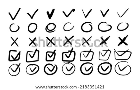 Check mark doodle with checklist and checkbox v. Box list tick and hand drawn sketch brush vector illustration. Handdrawn chalk and handwritten ok stroke. Marker highlight set yes quality and icon