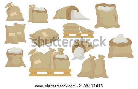 Sack or bag sand and rice seed. Farmer flour and potato pallet brown farming isolated vector illustration. Plant mill wheat agriculture and farm harvest icon set. Cartoon harvesting product symbol