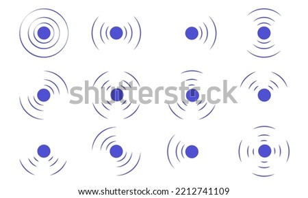 Set echo sonar waves. Blue radar symbols on sea and ultrasonic signal reflection. Collection icon detect and scan vibration or water. Round pulsating circle wave system vector illustration concept