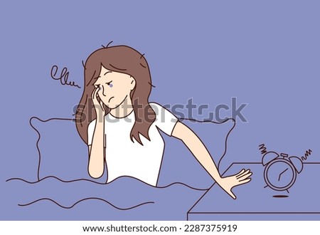 Sleepy and tired woman sits in bed and tries to turn off the alarm clock. Fight insomnia and stress at night. Exhaustion from work. Flat vector illustration