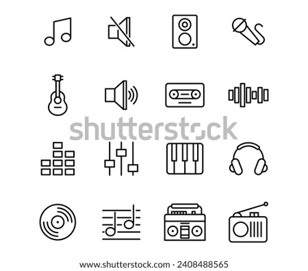 Vector line icon set music. Technology outline multimedia sign and digital media record. Collection element audio equipment instrument isolated and setting voice shape