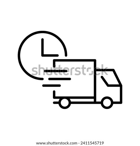 Vector line icon delivery truck with clock. Symbol shipping business and outline sign transportation order. Line service cargo and fast logistic express courier