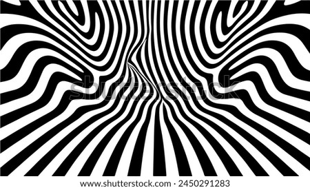 Abstract hypnotic pattern with black-white striped lines. Psychedelic background. Op art, optical illusion. Technology Half tone Pattern Background or modern design, graphic texture