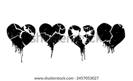 Broken heart gothic set vector illustration. Love symbol romance emo and sticker icon isolated white. Fashion shape silhouette abstract art and grunge decoration cartoon