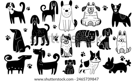 Vector black and white hand drawn childish set dogs illustration. Animal cartoon cute doodle pet art and funny drawing collection. Adorable mammal vet outline