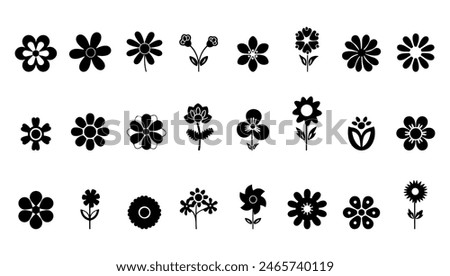 Set of simple flower icons in black and white. Vector illustration nature element plant shape. Floral leaf sign and garden collection blossom decorative style. Ornament sunflower