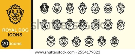 Royal dog icon set. Luxury black element silhouette and head domestic mammal. Adorable doggy character with crown. Puppy king and cute vector illustration face drawing