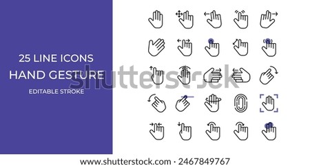 Hand gesture icon set line vector design editable. fingerprint, scroll, swipe, click, and more