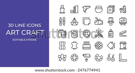 Art craft icon set vector illustration editable stroke. painting, thread, rulers and more