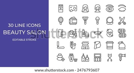 Beauty salon icon set vector illustration editable stroke. hair, hairdryer, brush and more