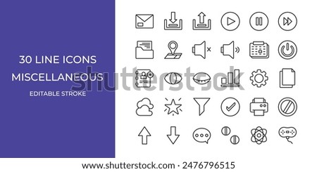 Miscellaneous icon set vector illustration editable stroke. play, pause, settings and more