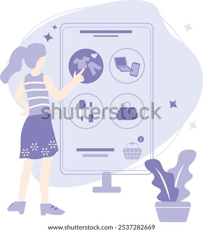 Woman shopping online on screen in flat illustration. standing women doing online shopping using her phone with and adding women's clothing in cart