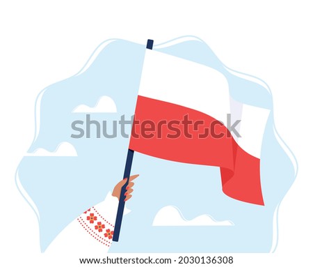 Vector illustration of hand holding Polish flag. Happy Independence day Poland. Polish national clothes. Independence day.