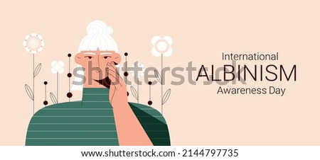 Portrait of albino woman. Vector illustration of woman with albinism taking care of her skin. International albinism  awareness day. Albinism.Genetic rare disorder.Self care,body positive concept. Imagine de stoc © 