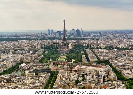 Paris, FRANCE - MAY 27, 2015: Panorama Eiffel Tower. The Eiffel tower is the most visited monument of France with about 6 million visitors every year.