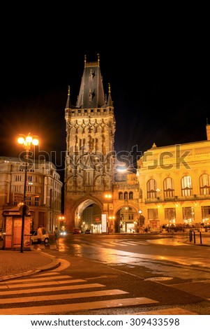 Czech Republic, Prague. 20 August 2015. The Powder Tower in Prague in the light of night lights. An architectural monument of the XV century. At the gate begins street Celetna