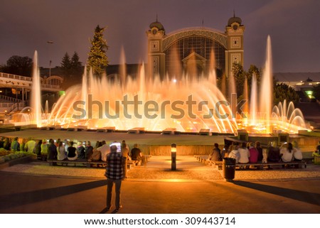 Czech Republic, Prague. 19 August 2015. Singing dancing fountains in Prague in the evening. light show on the water. Fountains designed by inventor Frantishek Krizik in the late 19th century.