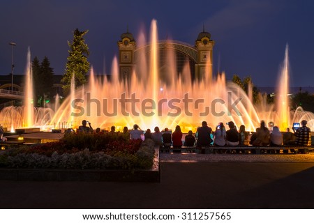 Czech Republic, Prague. 19 August 2015. Singing dancing fountains in Prague in the evening. Light show on the water. Fountains designed by inventor Frantishek Krizik in the late 19th century.