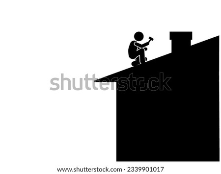 illustration and icon stick figure,stickman,pictogram repairing the roof of a house