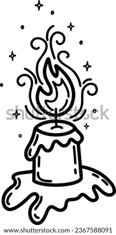 Vector illustration of a burning candle and sparks. Black and white illustration. A burning paraffin candle in the dark. A spark of flame. Vector isolated illustration.